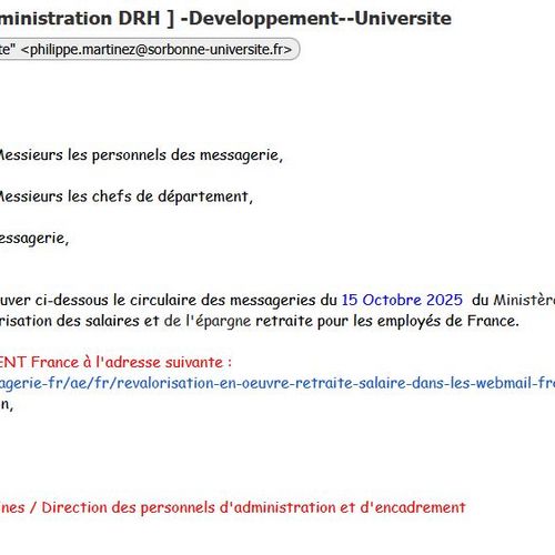 copie d'écran d'un mail phishing ayant pour objet "[INVITATION administration DRH ] -Developpement--Universite"
