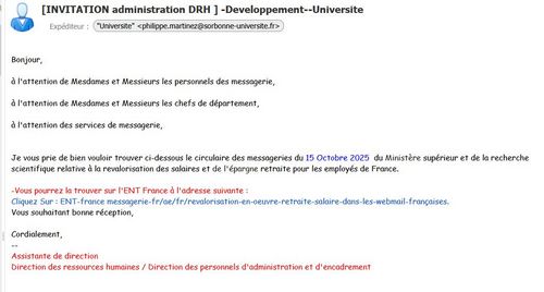 copie d'écran d'un mail phishing ayant pour objet "[INVITATION administration DRH ] -Developpement--Universite"